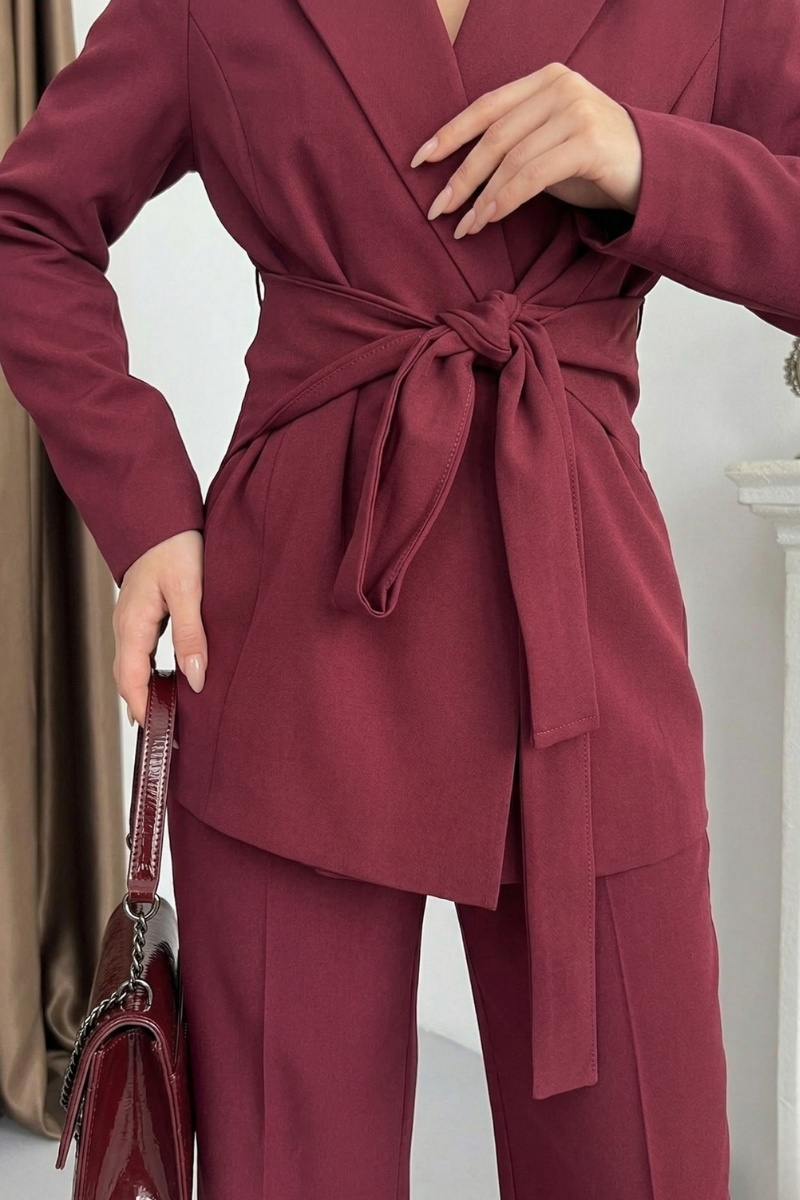 Kadın Ceket Pantolon Takım Beli Bağlama Detaylı Blazer Ceket Bol Paça Pantolon Takım Elbise