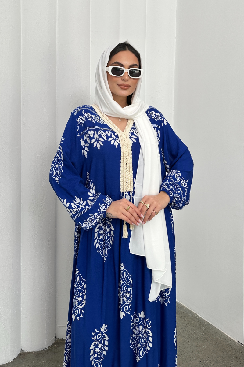 Kadın Elbise Uzun Yazlık Desenli V Yaka Tesettür Elbise