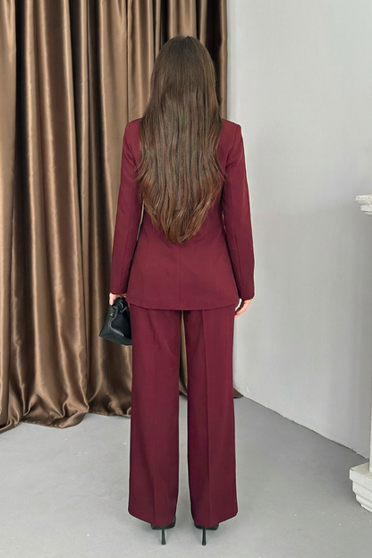 Kadın Ceket Pantolon Takım Beli Bağlama Detaylı Blazer Ceket Bol Paça Pantolon Takım Elbise