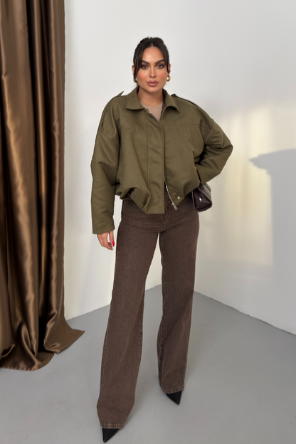 Kadın Mont Kısa Oversize Süet Fermuarlı Gömlek Yaka Düşük Omuz Ceket