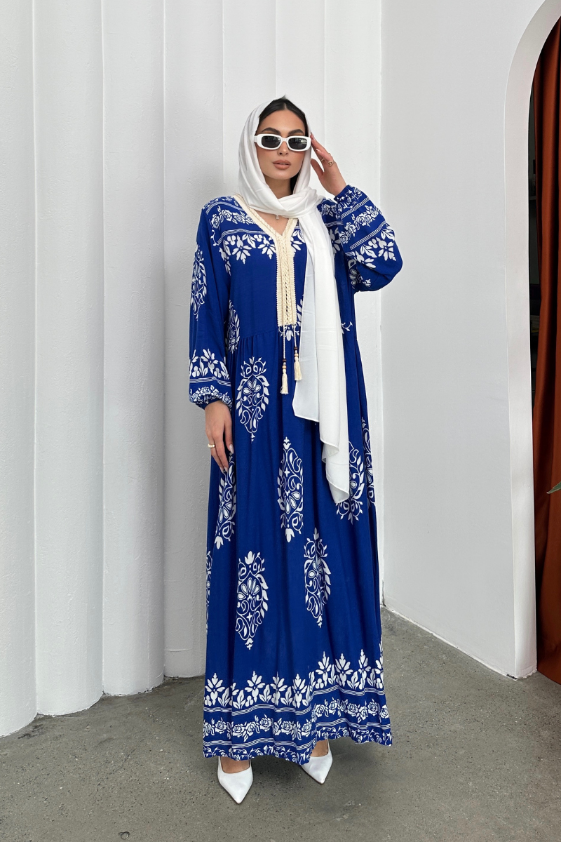 Kadın Elbise Uzun Yazlık Desenli V Yaka Tesettür Elbise