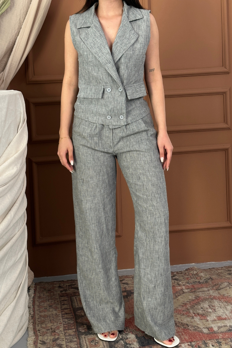 Kadın Alt Üst Takım Keten Düğme ve Cep Detaylı Kruvaze Yaka Yelek Bol Paça Pantolon Takım