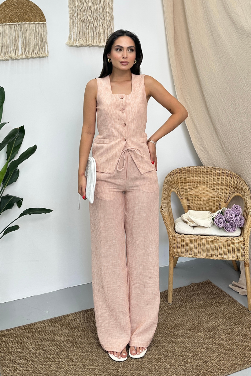 Kadın İkili Alt Üst Takım Keten Düğmeli Kare Yaka Beli Bağcıklı Regular Yelek Bol Pantolon Takım