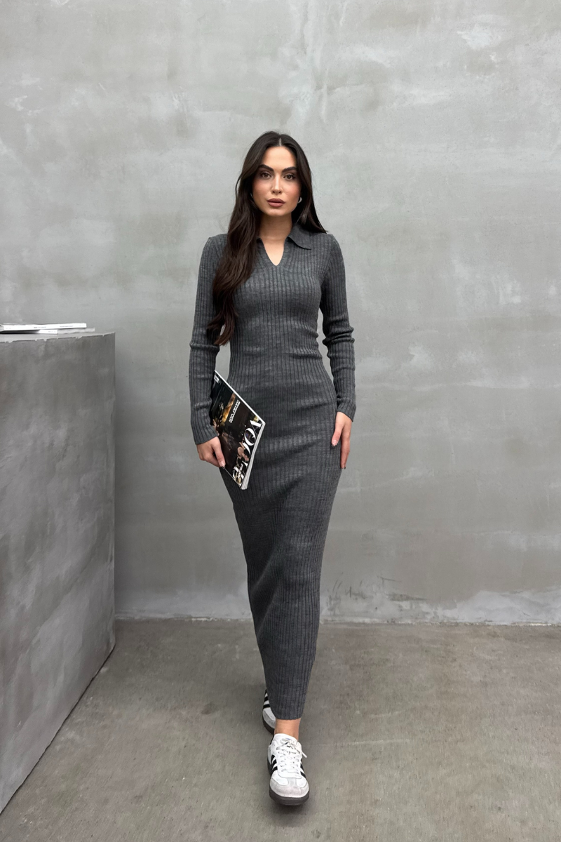 Kadın Elbise Uzun Triko Kışlık Polo Yaka Likralı Kalem Elbise