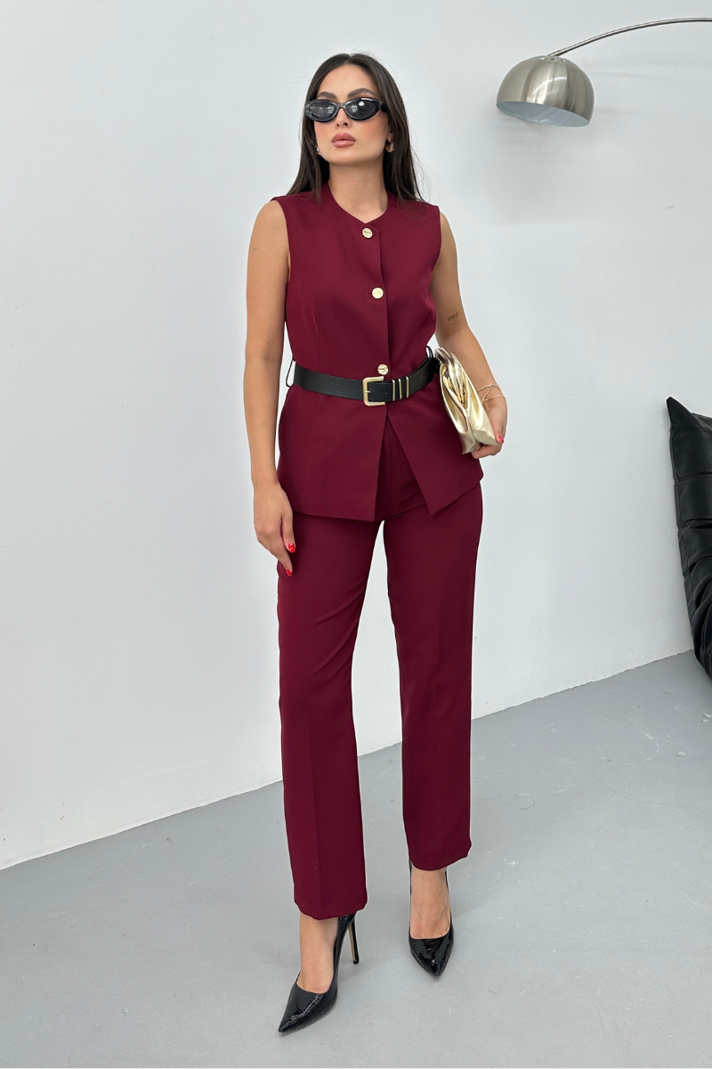 Kadın İkili Alt Üst Takım Şık Kemerli Düğme Detaylı Bisiklet Yaka Regular Yelek Pantolon Takım