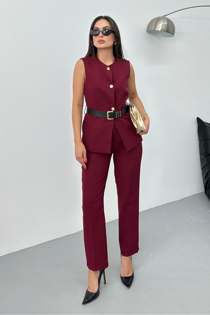 Kadın İkili Alt Üst Takım Şık Kemerli Düğme Detaylı Bisiklet Yaka Regular Yelek Pantolon Takım