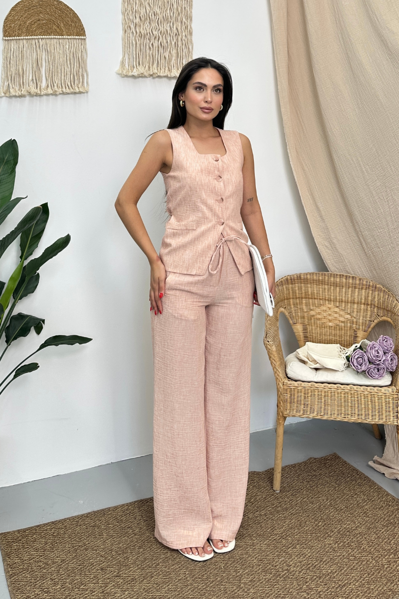 Kadın İkili Alt Üst Takım Keten Düğmeli Kare Yaka Beli Bağcıklı Regular Yelek Bol Pantolon Takım