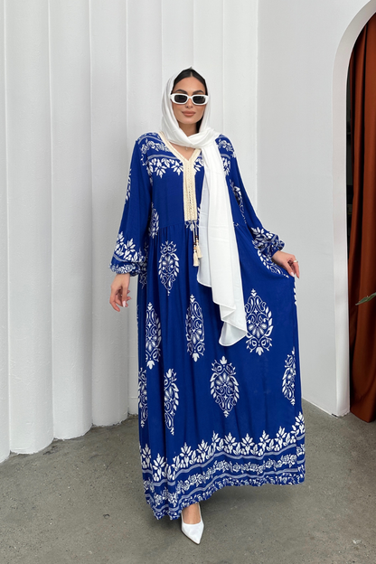 Kadın Elbise Uzun Yazlık Desenli V Yaka Tesettür Elbise