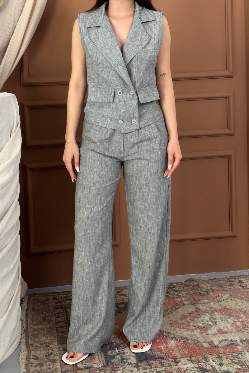 Kadın Alt Üst Takım Keten Düğme ve Cep Detaylı Kruvaze Yaka Yelek Bol Paça Pantolon Takım