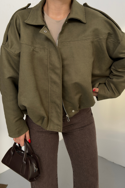 Kadın Mont Kısa Oversize Süet Fermuarlı Gömlek Yaka Düşük Omuz Ceket