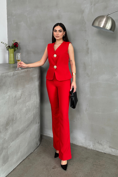 Kadın Alt Üst Takım Şık Düğme Detaylı Yelek Pantolon İkili Takım