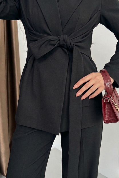 Kadın Ceket Pantolon Takım Beli Bağlama Detaylı Blazer Ceket Bol Paça Pantolon Takım Elbise