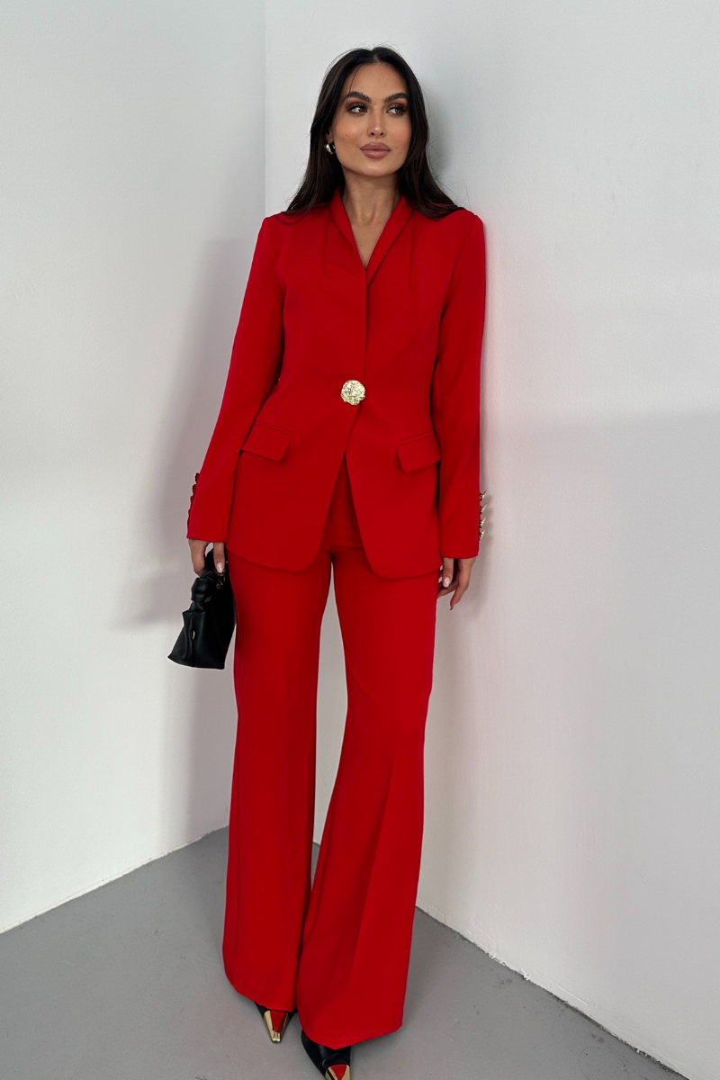 Kadın İkili Takım Şık Düğme Detaylı Dik Yaka Blazer Ceket Bol Paça Pantolon Takım