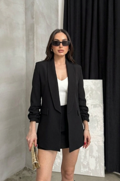 Kadın Blazer Ceket Şal Yaka Kolu Büzgülü Uzun Kollu Cep Görünümlü Regular Kalıp Astarlı Ceket