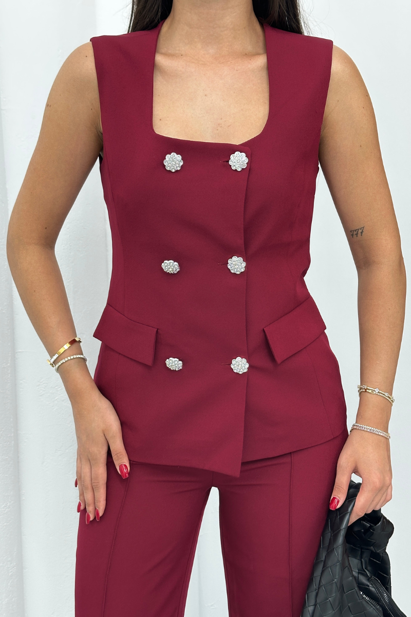 Kadın İkili Alt Üst Takım Şık Düğme Detaylı Kare Yaka Yelek Pantolon Takım