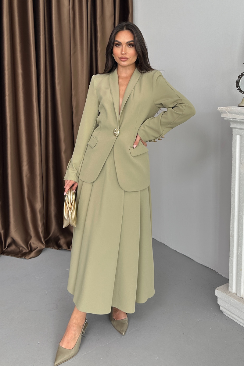 Kadın İkili Takım Şık Düğme Detaylı Dik Yaka Blazer Ceket Uzun Etek Takım