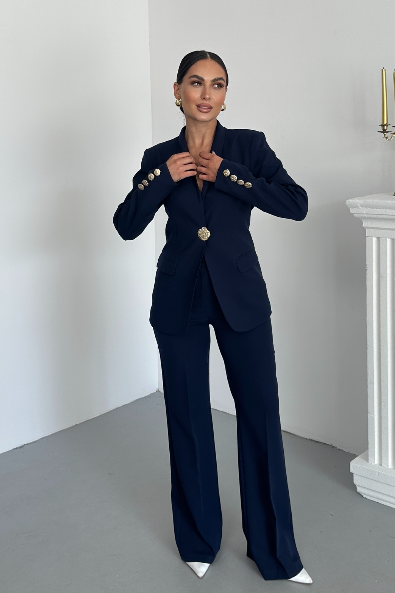Kadın İkili Takım Şık Düğme Detaylı Dik Yaka Blazer Ceket Bol Paça Pantolon Takım