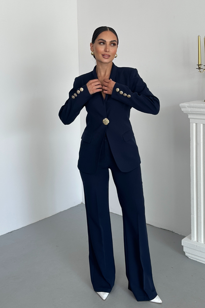 Kadın İkili Takım Şık Düğme Detaylı Dik Yaka Blazer Ceket Bol Paça Pantolon Takım