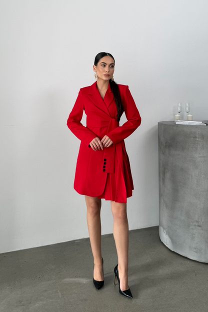 Kadın Elbise Mini Şık Uzun Kollu Kuşaklı Kruvaze Yaka Pileli Ceket Elbise