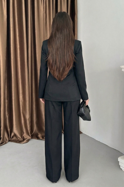 Kadın Ceket Pantolon Takım Beli Bağlama Detaylı Blazer Ceket Bol Paça Pantolon Takım Elbise