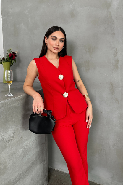 Kadın Alt Üst Takım Şık Düğme Detaylı Yelek Pantolon İkili Takım
