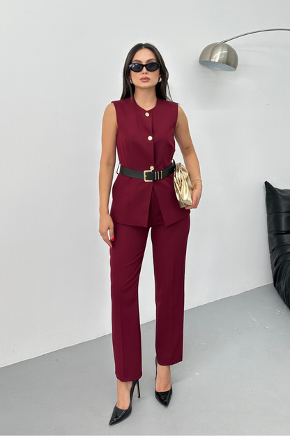 Kadın İkili Alt Üst Takım Şık Kemerli Düğme Detaylı Bisiklet Yaka Regular Yelek Pantolon Takım