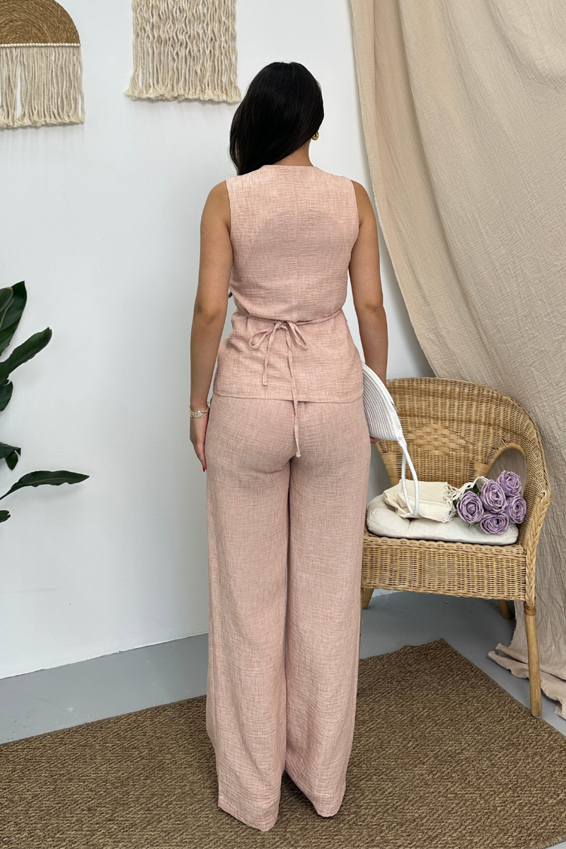 Kadın İkili Alt Üst Takım Keten Düğmeli Kare Yaka Beli Bağcıklı Regular Yelek Bol Pantolon Takım