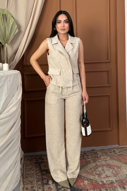 Kadın Alt Üst Takım Keten Düğme ve Cep Detaylı Kruvaze Yaka Yelek Bol Paça Pantolon Takım