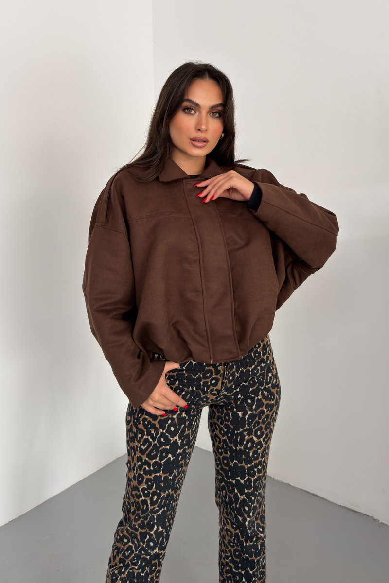 Kadın Mont Kısa Oversize Süet Fermuarlı Gömlek Yaka Düşük Omuz Ceket