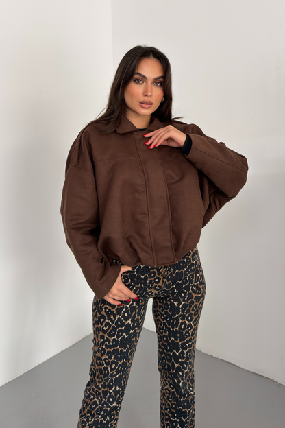 Kadın Mont Kısa Oversize Süet Fermuarlı Gömlek Yaka Düşük Omuz Ceket