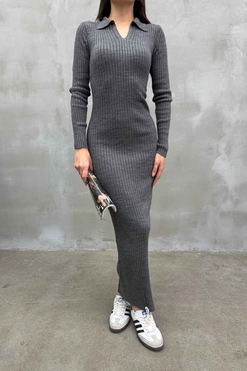 Kadın Elbise Uzun Triko Kışlık Polo Yaka Likralı Kalem Elbise