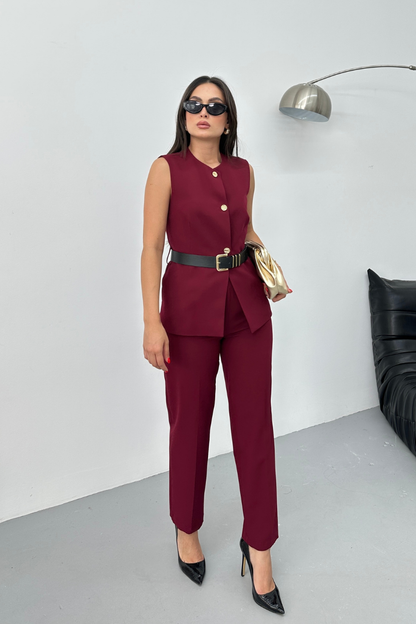 Kadın İkili Alt Üst Takım Şık Kemerli Düğme Detaylı Bisiklet Yaka Regular Yelek Pantolon Takım