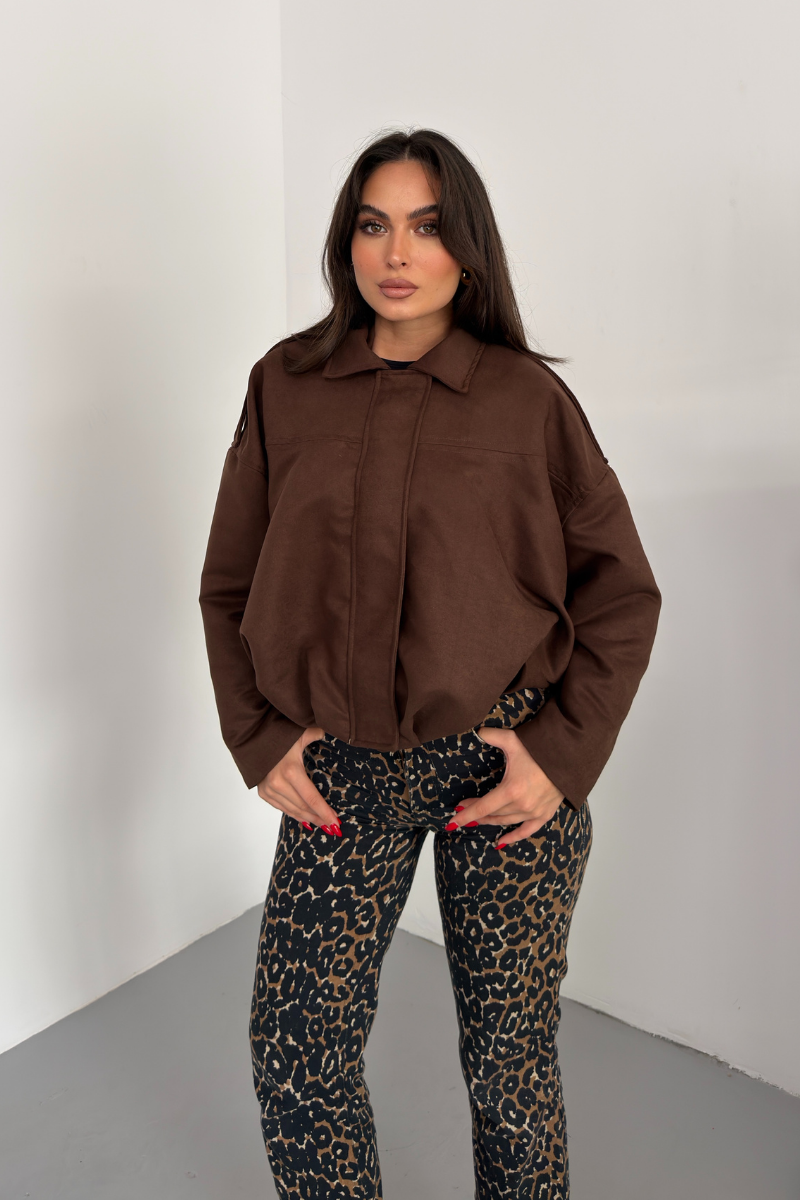 Kadın Mont Kısa Oversize Süet Fermuarlı Gömlek Yaka Düşük Omuz Ceket