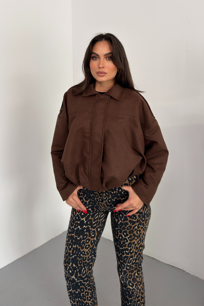 Kadın Mont Kısa Oversize Süet Fermuarlı Gömlek Yaka Düşük Omuz Ceket