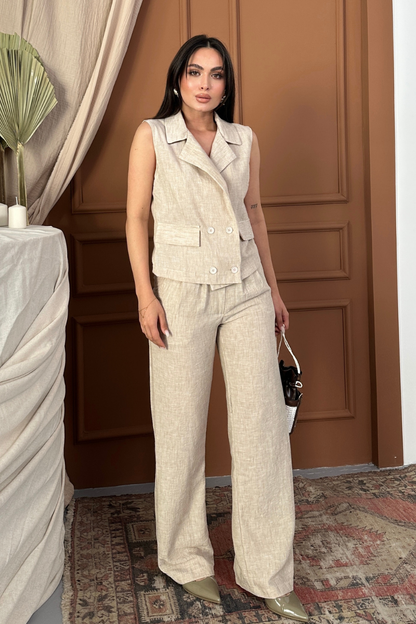 Kadın Alt Üst Takım Keten Düğme ve Cep Detaylı Kruvaze Yaka Yelek Bol Paça Pantolon Takım