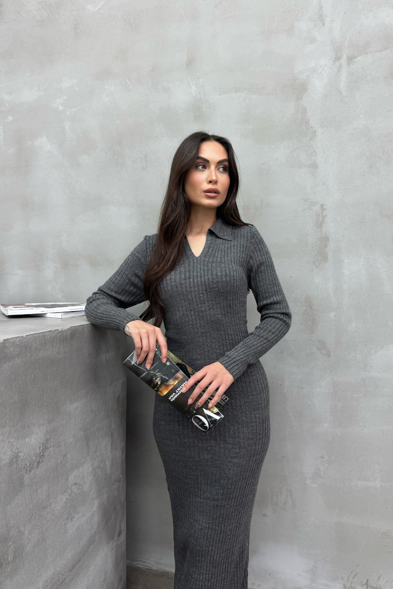 Kadın Elbise Uzun Triko Kışlık Polo Yaka Likralı Kalem Elbise