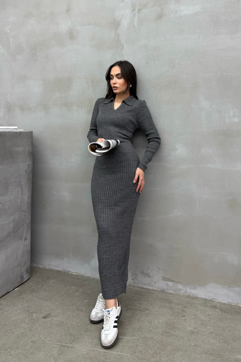 Kadın Elbise Uzun Triko Kışlık Polo Yaka Likralı Kalem Elbise