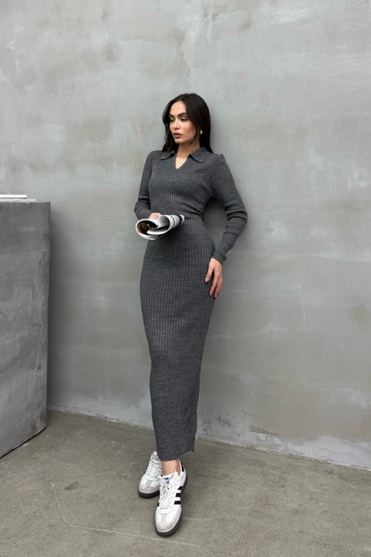 Kadın Elbise Uzun Triko Kışlık Polo Yaka Likralı Kalem Elbise