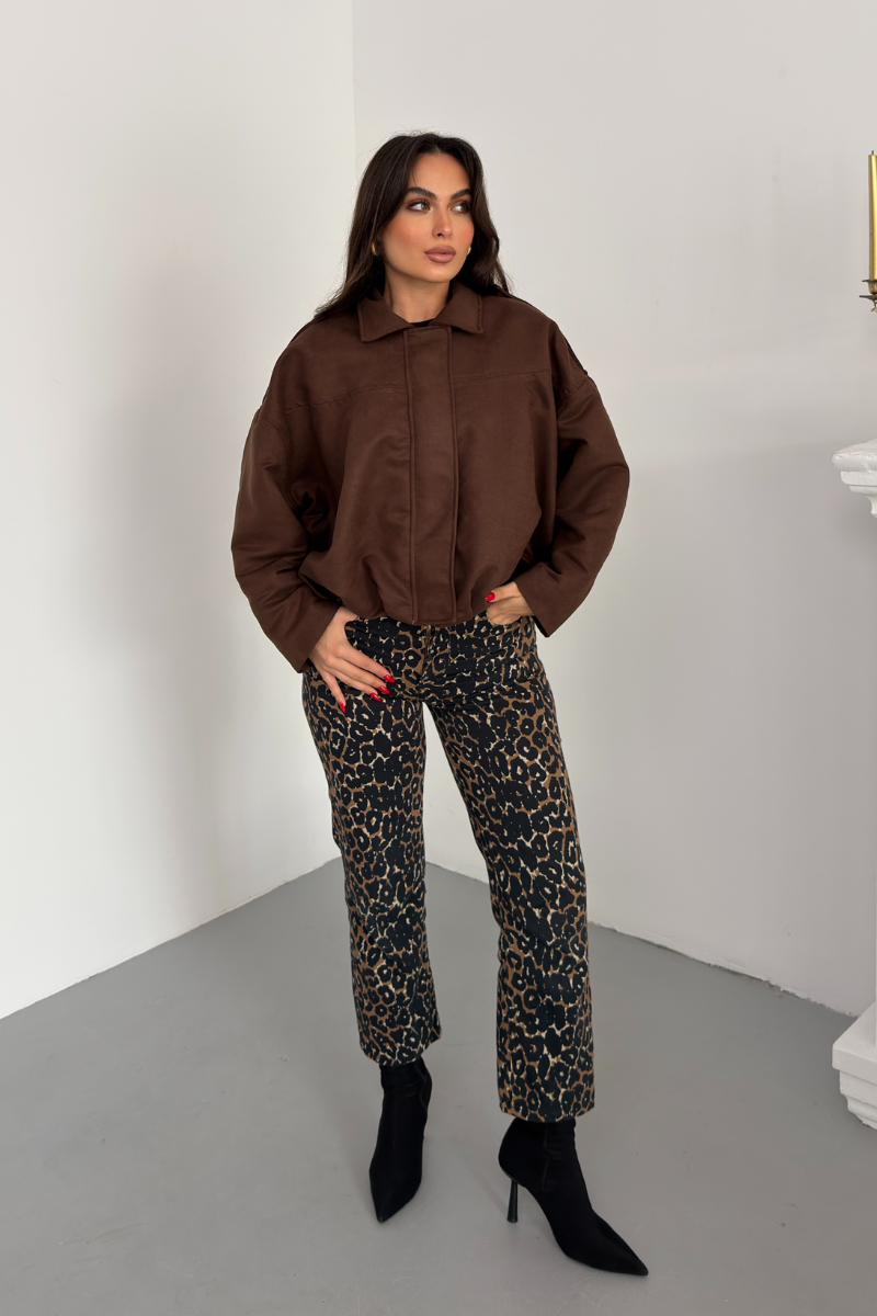 Kadın Mont Kısa Oversize Süet Fermuarlı Gömlek Yaka Düşük Omuz Ceket