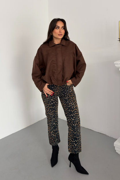 Kadın Mont Kısa Oversize Süet Fermuarlı Gömlek Yaka Düşük Omuz Ceket