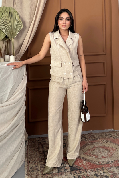 Kadın Alt Üst Takım Keten Düğme ve Cep Detaylı Kruvaze Yaka Yelek Bol Paça Pantolon Takım