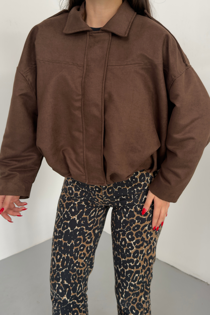 Kadın Mont Kısa Oversize Süet Fermuarlı Gömlek Yaka Düşük Omuz Ceket