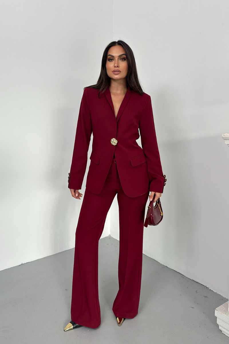 Kadın İkili Takım Şık Düğme Detaylı Dik Yaka Blazer Ceket Bol Paça Pantolon Takım