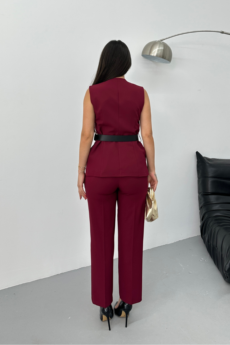 Kadın İkili Alt Üst Takım Şık Kemerli Düğme Detaylı Bisiklet Yaka Regular Yelek Pantolon Takım