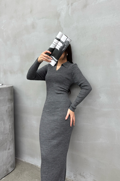 Kadın Elbise Uzun Triko Kışlık Polo Yaka Likralı Kalem Elbise