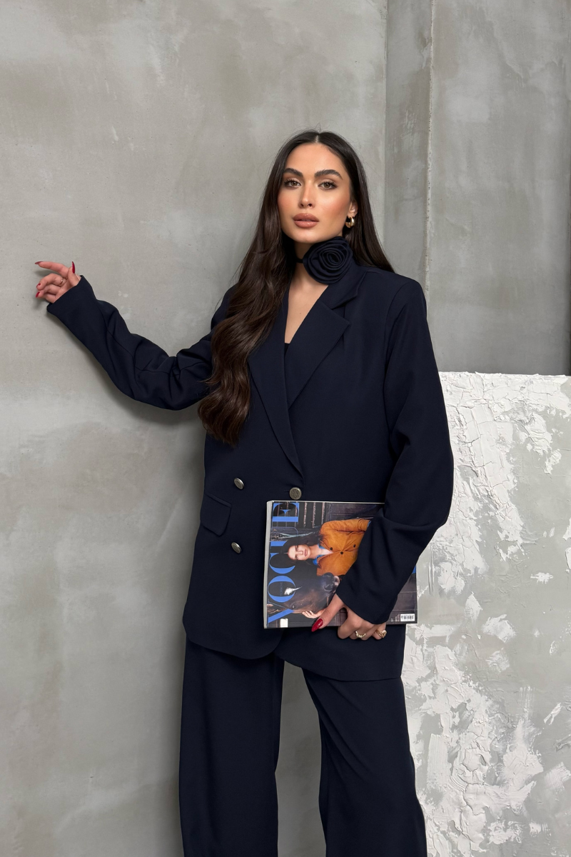 Kadın İkili Blazer Ceket Pantolon Takım Aksesuar ve Düğme Detaylı Bol Paça