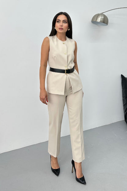 Kadın İkili Alt Üst Takım Şık Kemerli Düğme Detaylı Bisiklet Yaka Regular Yelek Pantolon Takım BEJ 36