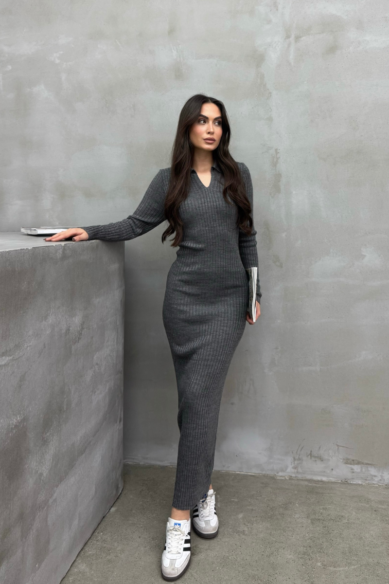 Kadın Elbise Uzun Triko Kışlık Polo Yaka Likralı Kalem Elbise