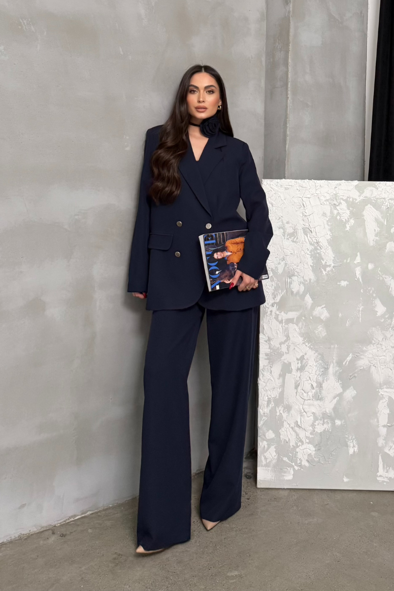 Kadın İkili Blazer Ceket Pantolon Takım Aksesuar ve Düğme Detaylı Bol Paça