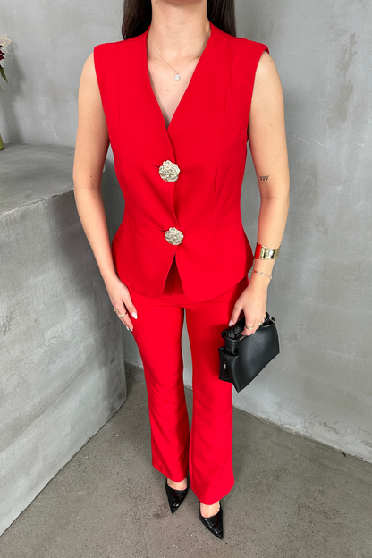 Kadın Alt Üst Takım Şık Düğme Detaylı Yelek Pantolon İkili Takım